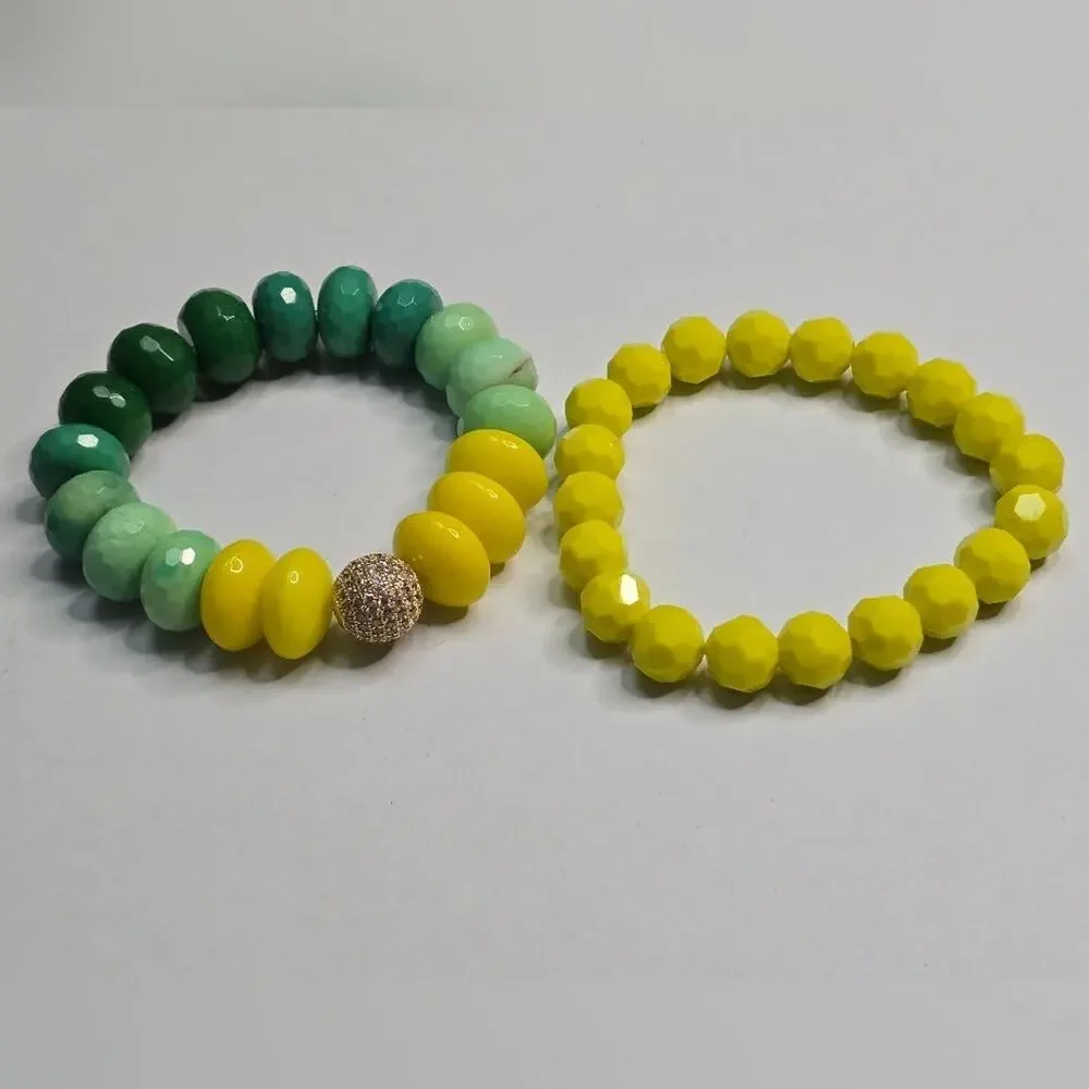 Treska Yellow and Green Faceted Beaded Stretch Bracelet Set New